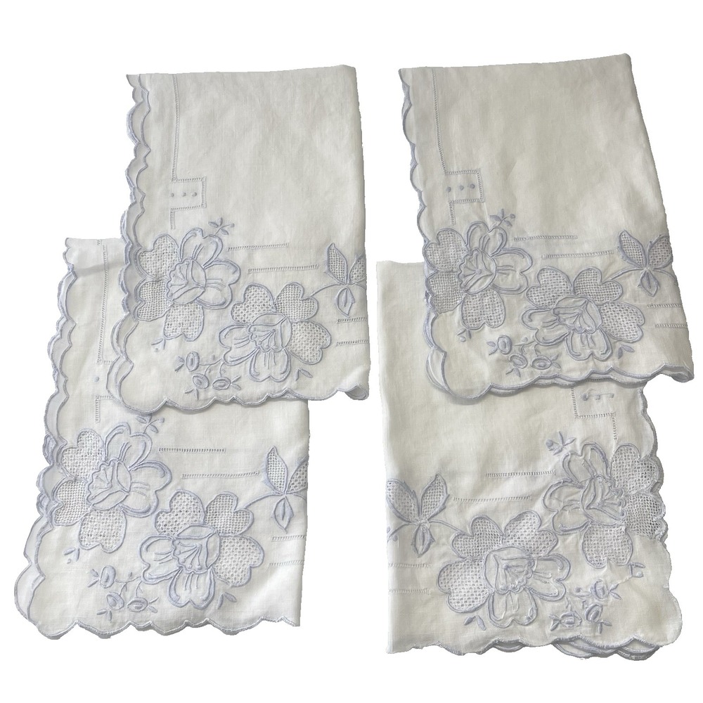 Vintage French Linen Napkins Lace Cutwork Embroidered Floral Scalloped Edge Set - Picture 2 of 7